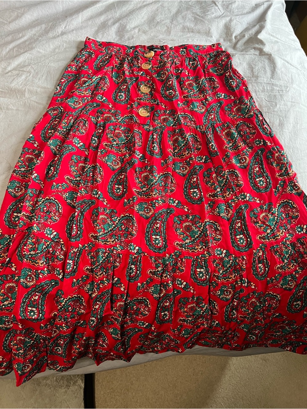 Red Paisley Tiered Maxi Skirt with Button Front